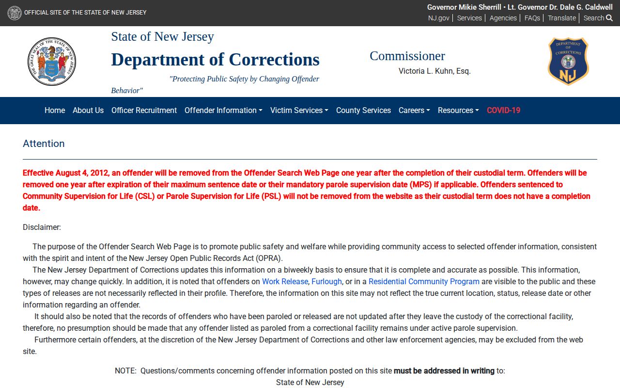 Somerset County state-custody record lookup through the NJDOC offender search