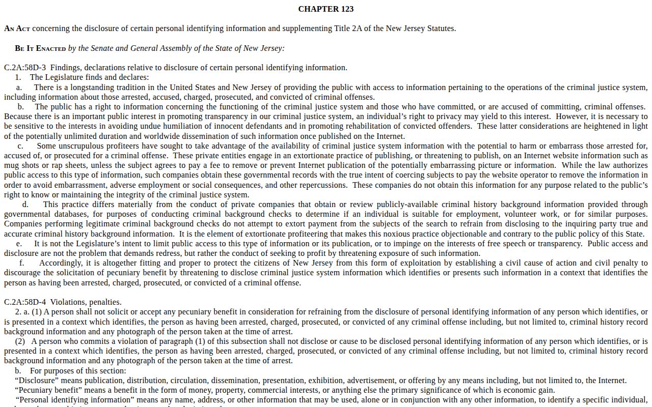 Somerset County booking-photo record law on the official New Jersey statute page